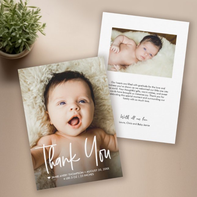 Modern Custom Baby Photo Birth Announcement  Dankeskarte (Modern Thank you script baby shower photo birth announcement card.)