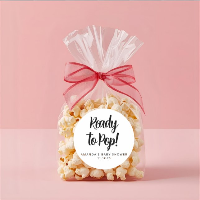 Modern Custom Baby Shower Black Text Popcorn  Runder Aufkleber (Modern elegant baby shower popcorn round sticker )
