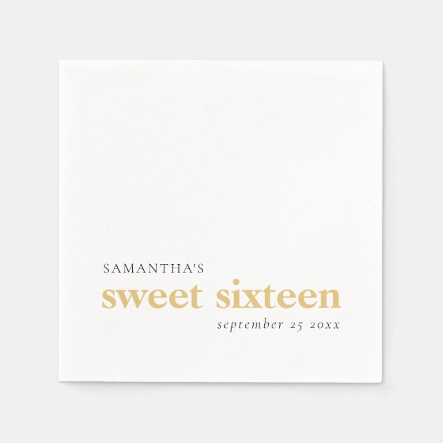 Modern Custom Black Gold Text Sweet 16 Name Datum Serviette (Vorderseite)