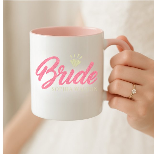 Modern Custom Bride Name Pink Glittery Diamond Tasse (Modern wedding custom bride name mug)