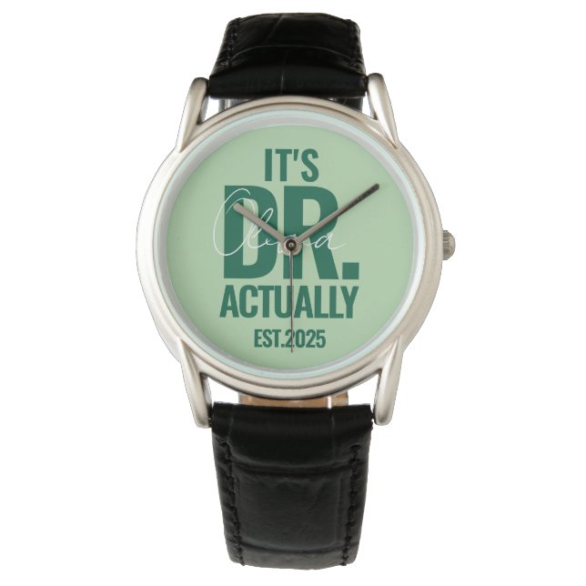 Modern Custom Dr. Name Date Dark Green Button Armbanduhr (Vorderseite)