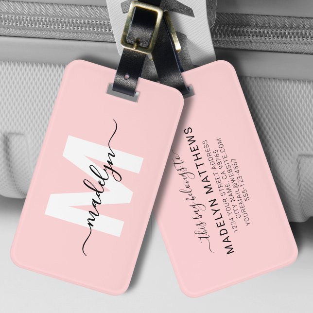 Modern Custom Girl Blush Pink Monogram Name Gepäckanhänger (Custom Modern Girly Blush Pink Name Monogram Luggage Tag )