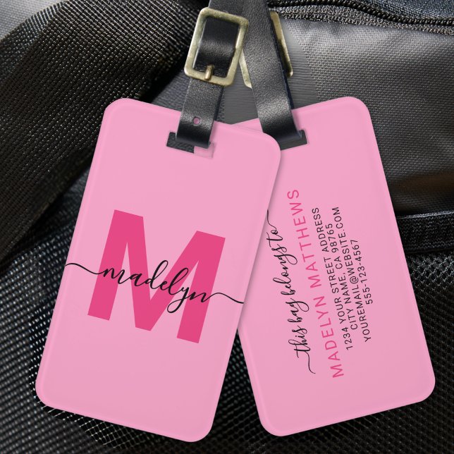 Modern Custom Girl Hot Pink Monogram Name Gepäckanhänger (Modern Custom Girly Hot Pink Monogram Name Luggage Tag)