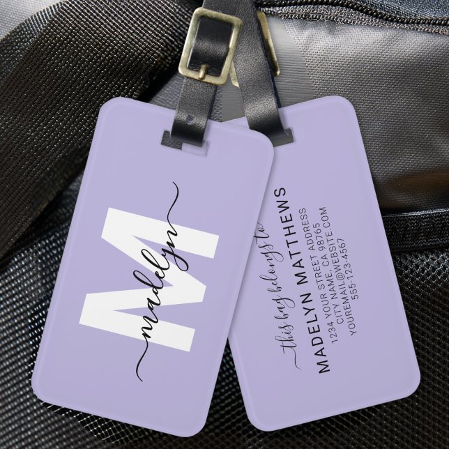 Modern Custom Lila Monogram Name Gepäckanhänger (Modern Custom Purple Monogram Name Luggage Tag)