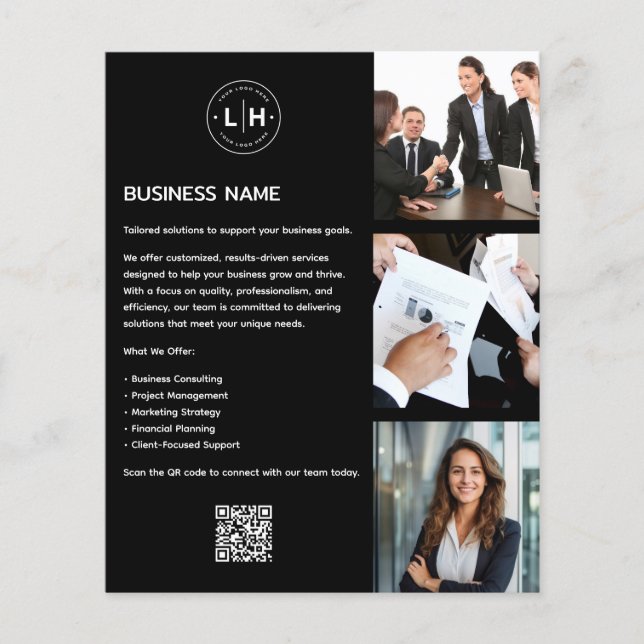 Modern Custom Logo Foto QR Black Business Flyer (Vorne)