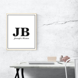 Modern Custom Monogram Initial Name Schwarz & Weiß Poster