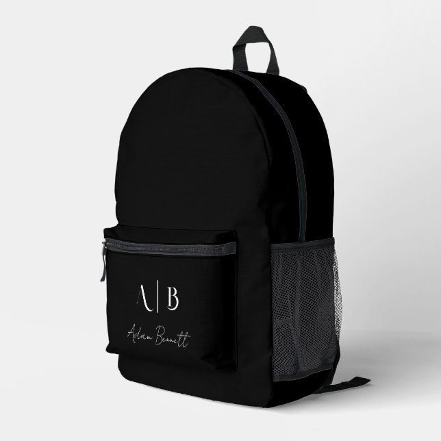 Modern Custom Monogram Initials Name Black Bedruckter Rucksack (Rückseitige Ecke Rechts)