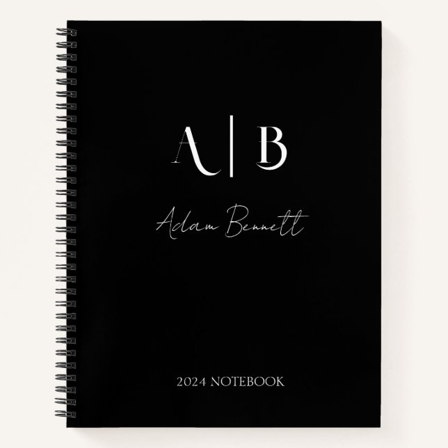 Modern Custom Monogram Initials Name Black Notizbuch (Vorderseite)