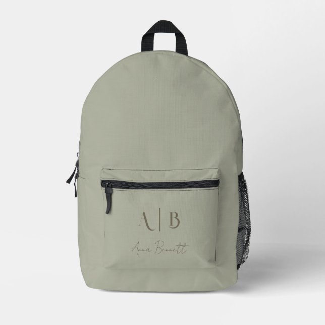 Modern Custom Monogram Initials Name Dusty Sage Bedruckter Rucksack (Vorderseite)