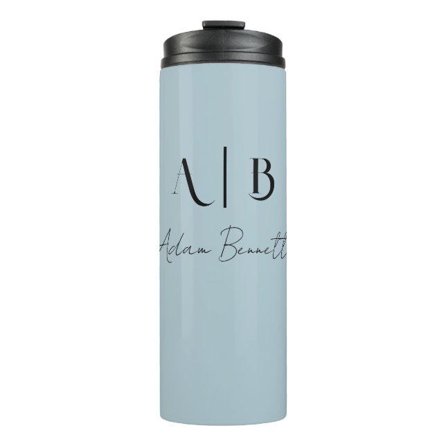 Modern Custom Monogram Initials Name Pastel Blue Thermosbecher (Vorderseite)