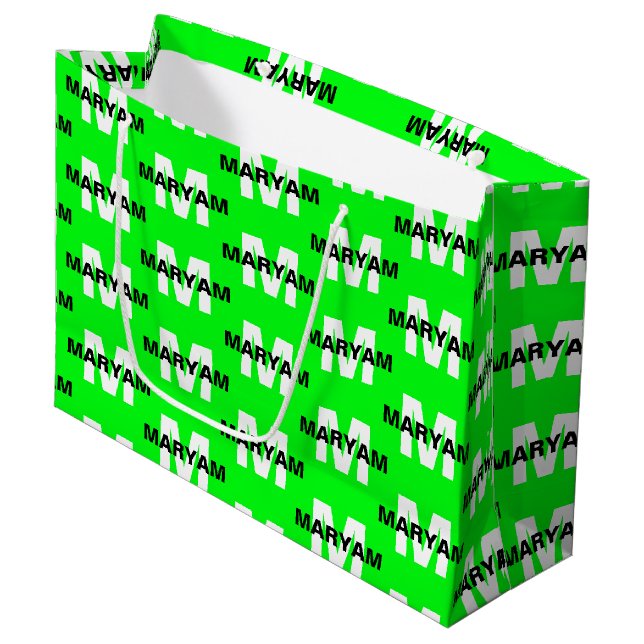 Modern Custom Monogram Name Bright Green Gift Bag Große Geschenktüte (Vorderseite Schrägansicht)