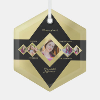 Modern Custom Multi‑Photo Gold Black Graduation Ornament Aus Glas