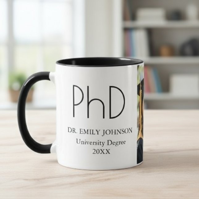 Modern Custom PhD Graduation Photo & Name Tasse (Von Creator hochgeladen)