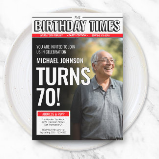 Modern Custom Photo Newspaper Cover 70th Birthday  Einladung
