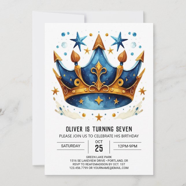 Modern Custom Prince Crown Geburtstag Einladung (Vorderseite)