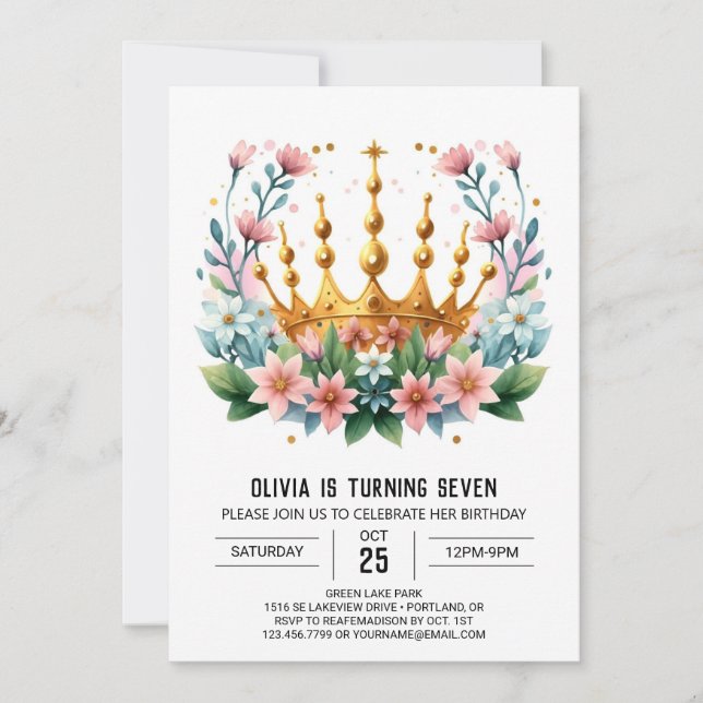 Modern Custom Princess Crown Geburtstag Einladung (Vorderseite)