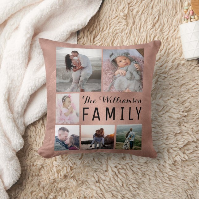 Modern Custom Rose Gold White Family Foto Collage Kissen (Decke)