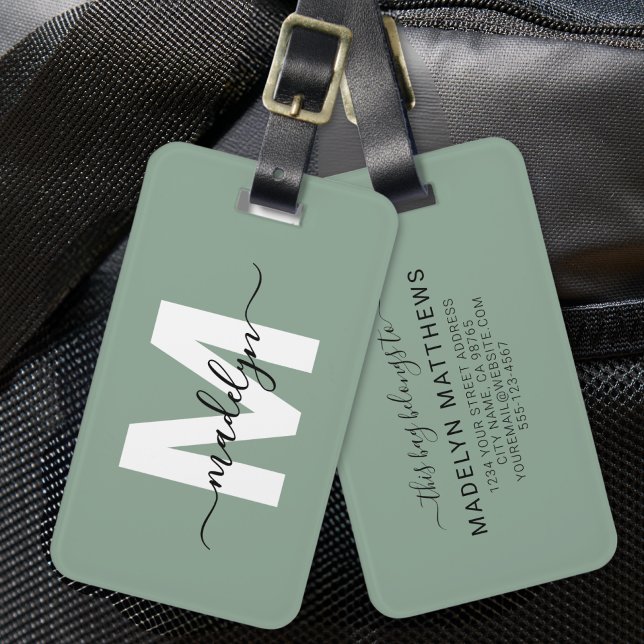 Modern Custom Sage Green Monogram Name Gepäckanhänger (Modern Custom Sage Green Monogram Name Luggage Tag)