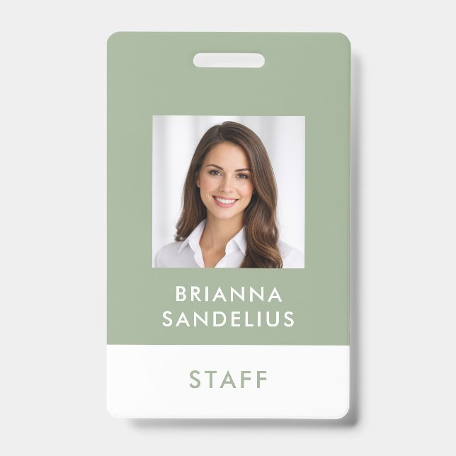 Modern Custom Script Sage Green Photo ID Name Ausweis (Vorderseite)