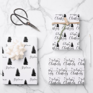 Modern Custom White Black Tree Frohe Weihnachten Geschenkpapier Set