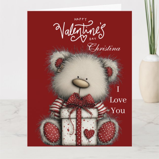 Modern Cute Bear Happy Valentines Day Custom Name  Karte (Vorderseite)