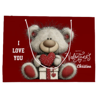 Modern Cute Bear Happy Valentines Day Name  Große Geschenktüte