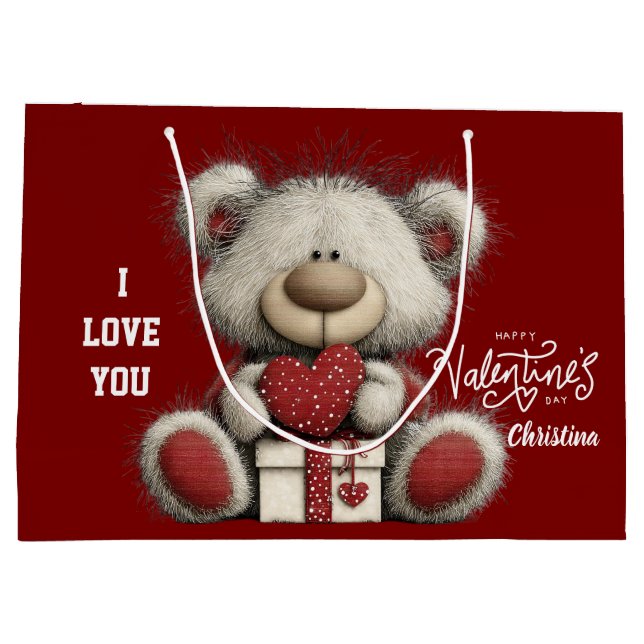Modern Cute Bear Happy Valentines Day Name  Große Geschenktüte (Rückseite)