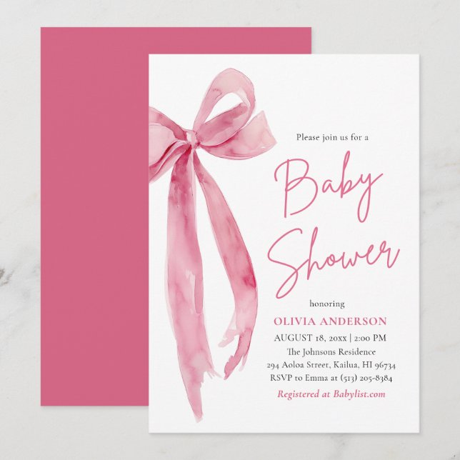 Modern Cute Blush Pink Bow Baby Shower Einladung (Vorne/Hinten)
