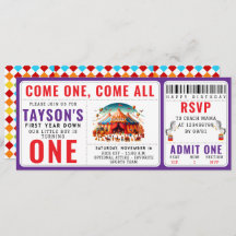 Modern Cute Circus Carnival 1st Birthday Ticket