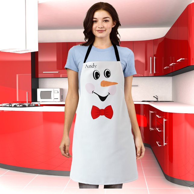 Modern Cute Custom Snowman face apron red bow tie Schürze (Von Creator hochgeladen)