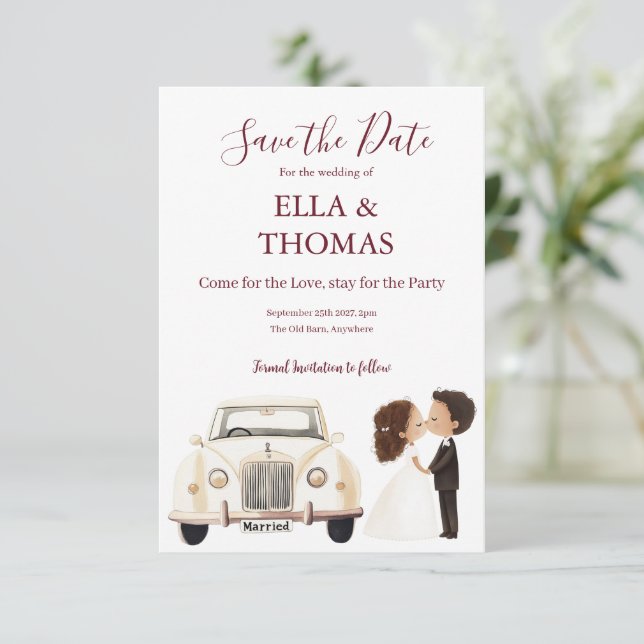 Modern Cute Deep Burgundy Text Save The Date (Stehend Vorderseite)