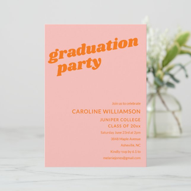 Modern Cute Pink Orange Retro Graduation Party Einladung (Stehend Vorderseite)