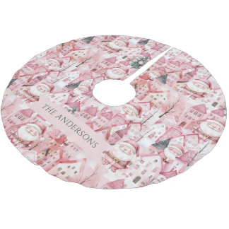 Modern Cute Pink Town Santa Christmas Tree Skirt Polyester Weihnachtsbaumdecke