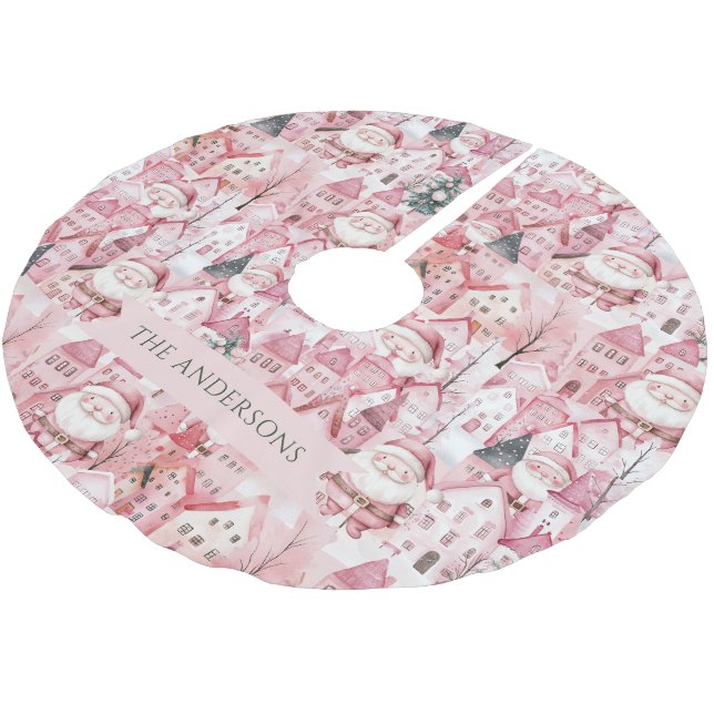 Modern Cute Pink Town Santa Christmas Tree Skirt Polyester Weihnachtsbaumdecke (Schrägansicht)