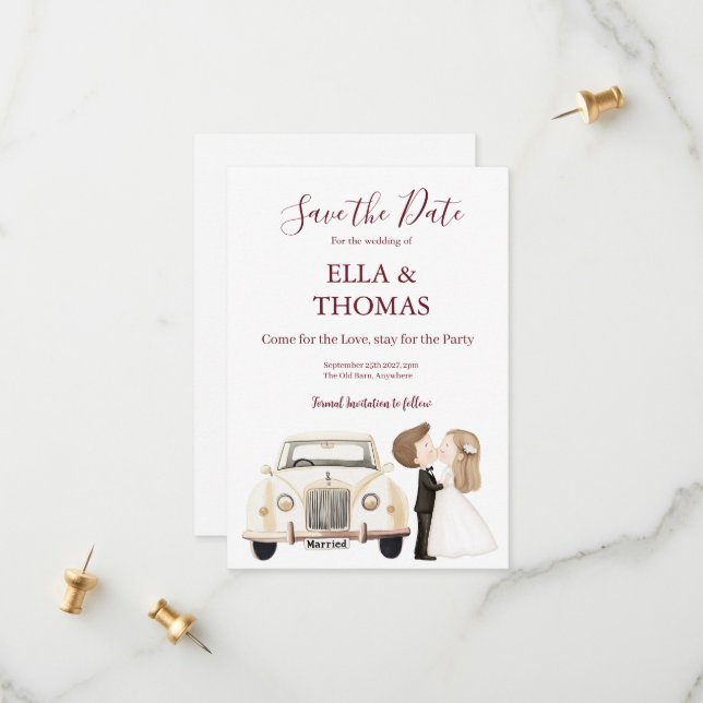 Modern Cute Rich Burgundy Text  Save The Date (Vorderseite/Rückseite Beispiel)