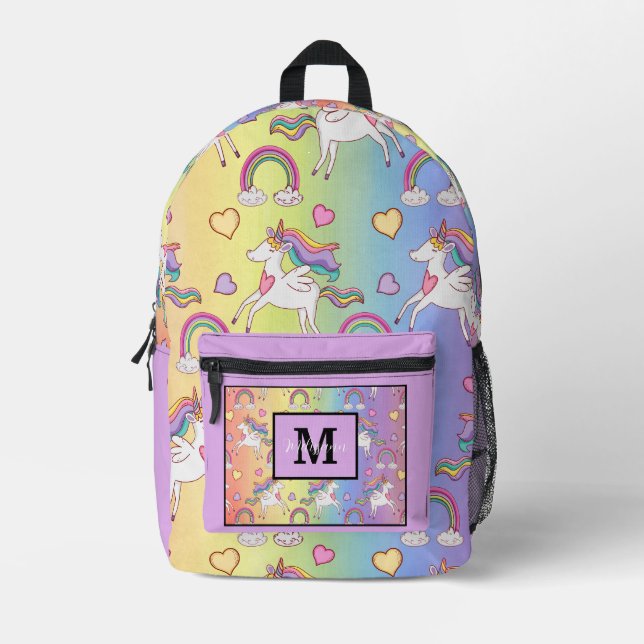 Modern Cute Unicorn and Rainbow Monogram Name Bedruckter Rucksack (Vorderseite)