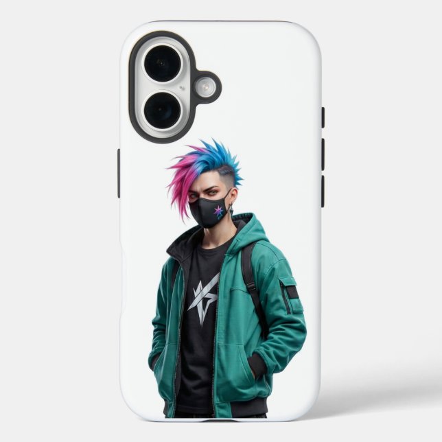 Modern Cyberpunk Anime Boy Graphic iPhone 15 Case (Rückseite)