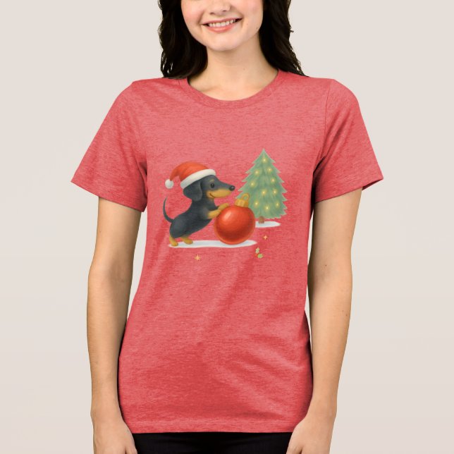 Modern Dachshund Christmas Puppy  - Playful Design Tri-Blend Shirt (Vorderseite)