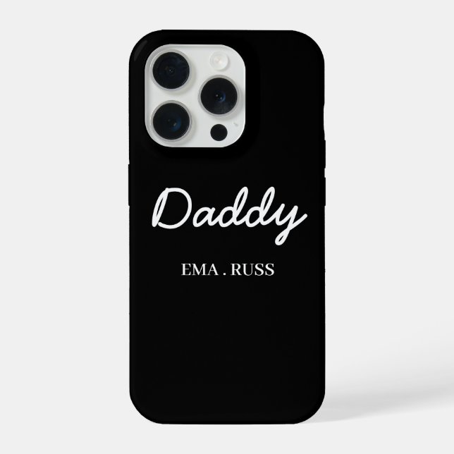Modern Dad Kids Names Father's Day Script Black iPhone Hülle (Rückseite)