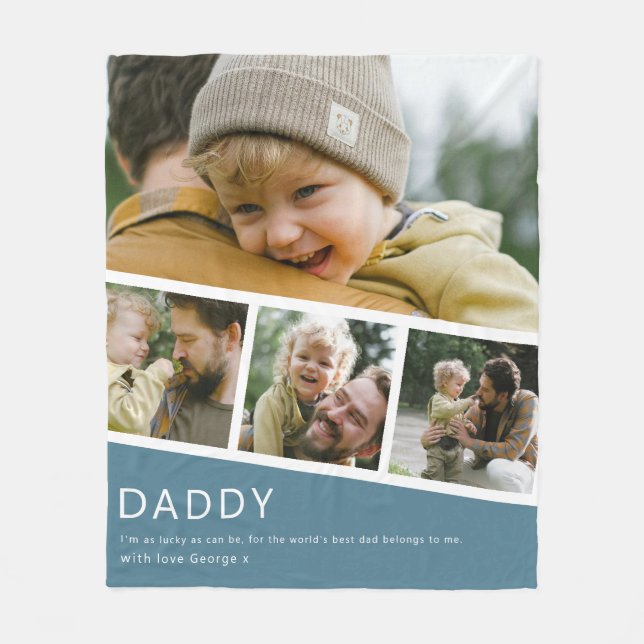 Modern Daddy Photo Strip Collage Blue Fleecedecke (Vorderseite)