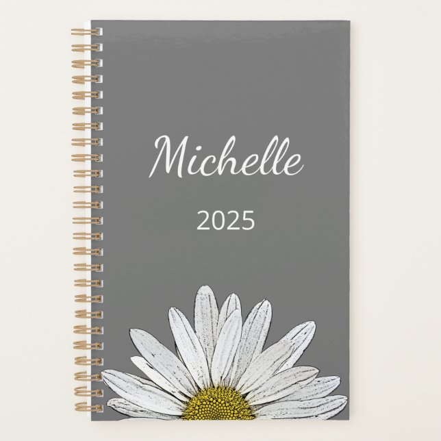 Modern Daisy 2025 Elegantes Script Botanical Gray Planer (Vorderseite)