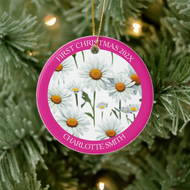Modern Daisy Pink First Christmas Keramik Ornament (Baum)