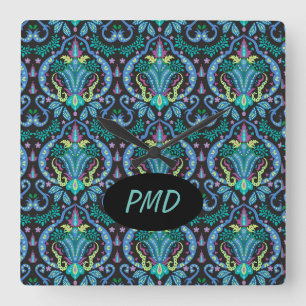 Modern Damask Art Deco Black Turquoise Blue Name Quadratische Wanduhr