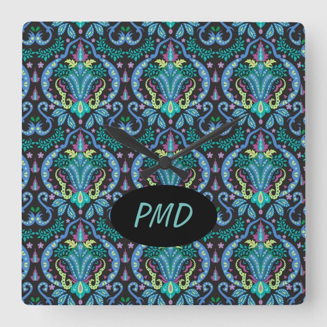 Modern Damask Art Deco Schwarzer Türkisblau Quadratische Wanduhr (Vorderseite)