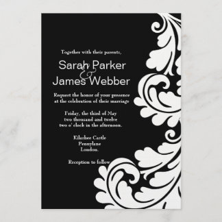 Modern Damask Black and White Wedding Einladung