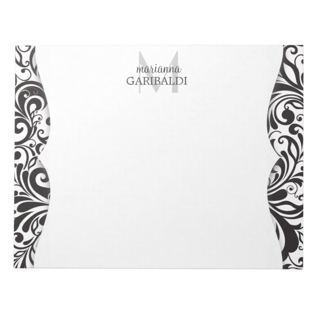 Modern Damask Black Personalisiert Notizblock (Vorderseite)