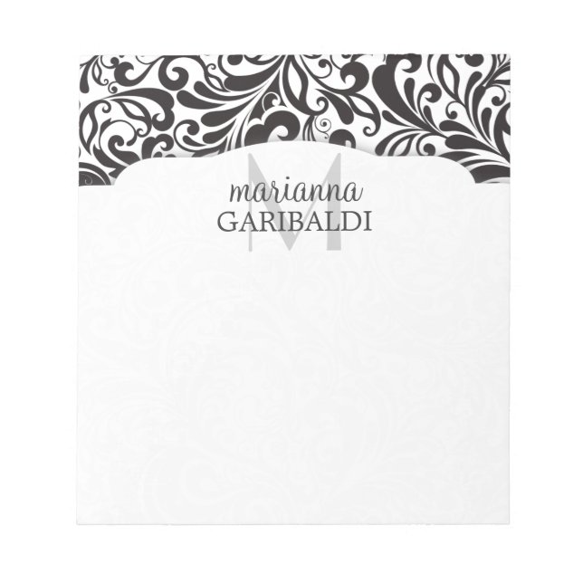 Modern Damask Black Personalisiert Notizblock (Vorderseite)