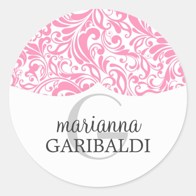 Modern Damask Pink Personalisiert Runder Aufkleber (Vorderseite)