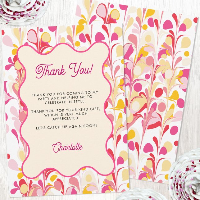Modern Danke, dass Sie die Abstrakte rosa Karte zu (Modern abstract groovy wavy pink yellow personalized thank you card with custom text)