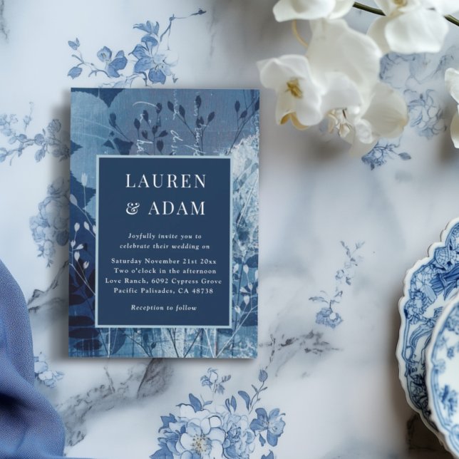 Modern Dark Blue Botancial Wedding Invitation Einladung (Von Creator hochgeladen)